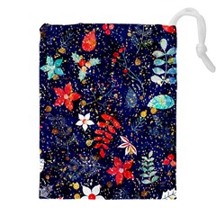 Festive Floral Pattern Christmas Blue Floral Flower Foliage Leaves Pattern Red Snow Winter Drawstring Pouch (5xl)