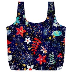 Festive Floral Pattern Christmas Blue Floral Flower Foliage Leaves Pattern Red Snow Winter Full Print Recycle Bag (xxl)