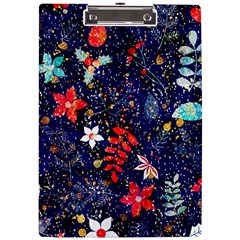 Festive Floral Pattern Christmas Blue Floral Flower Foliage Leaves Pattern Red Snow Winter A4 Acrylic Clipboard