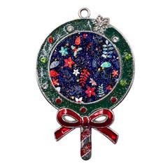 Festive Floral Pattern Christmas Blue Floral Flower Foliage Leaves Pattern Red Snow Winter Metal X mas Lollipop With Crystal Ornament by Maspions