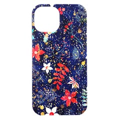 Festive Floral Pattern Christmas Blue Floral Flower Foliage Leaves Pattern Red Snow Winter Iphone 15 Plus Black Uv Print Pc Hardshell Case by Maspions