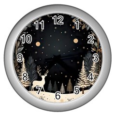 Christmas Winter Xmas Scene Nature Forest Tree Moon Wall Clock (silver) by Apen