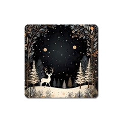 Christmas Winter Xmas Scene Nature Forest Tree Moon Square Magnet by Apen