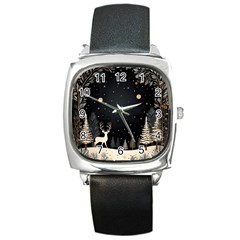 Christmas Winter Xmas Scene Nature Forest Tree Moon Square Metal Watch by Apen