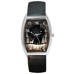 Christmas Winter Xmas Scene Nature Forest Tree Moon Barrel Style Metal Watch by Apen