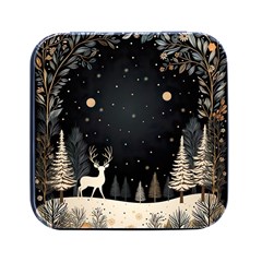 Christmas Winter Xmas Scene Nature Forest Tree Moon Square Metal Box (black) by Apen