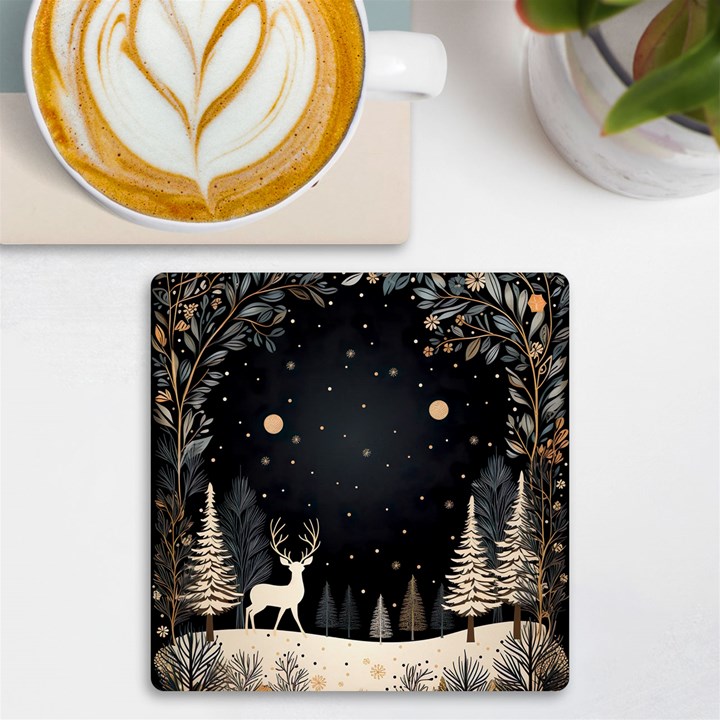 Christmas Winter Xmas Scene Nature Forest Tree Moon UV Print Square Tile Coaster 