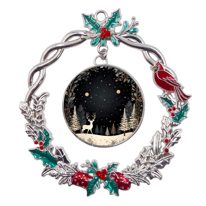 Christmas Winter Xmas Scene Nature Forest Tree Moon Metal X mas Wreath Holly leaf Ornament