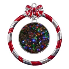 Christmas Lights Metal Red Ribbon Round Ornament by Apen