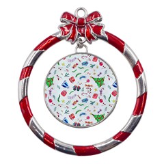 New Year Christmas Winter Pattern Metal Red Ribbon Round Ornament