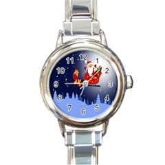 Deer Santa Claus Flying Trees Moon Night Merry Christmas Round Italian Charm Watch by anzea