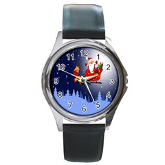 Deer Santa Claus Flying Trees Moon Night Merry Christmas Round Metal Watch by anzea