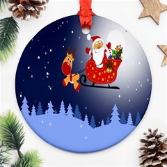 Deer Santa Claus Flying Trees Moon Night Merry Christmas Ornament (round) by anzea