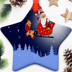 Deer Santa Claus Flying Trees Moon Night Merry Christmas Ornament (star) by anzea