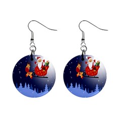 Deer Santa Claus Flying Trees Moon Night Merry Christmas Mini Button Earrings by anzea