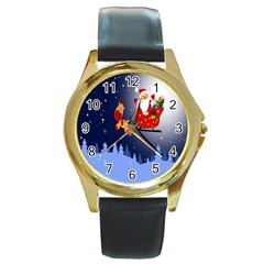 Deer Santa Claus Flying Trees Moon Night Merry Christmas Round Gold Metal Watch by anzea