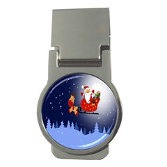 Deer Santa Claus Flying Trees Moon Night Merry Christmas Money Clips (round)  by anzea