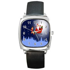 Deer Santa Claus Flying Trees Moon Night Merry Christmas Square Metal Watch by anzea