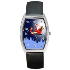 Deer Santa Claus Flying Trees Moon Night Merry Christmas Barrel Style Metal Watch by anzea