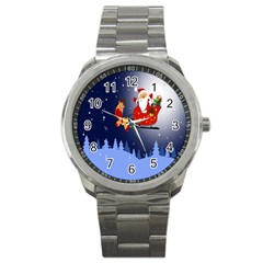 Deer Santa Claus Flying Trees Moon Night Merry Christmas Sport Metal Watch by anzea