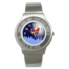 Deer Santa Claus Flying Trees Moon Night Merry Christmas Stainless Steel Watch by anzea