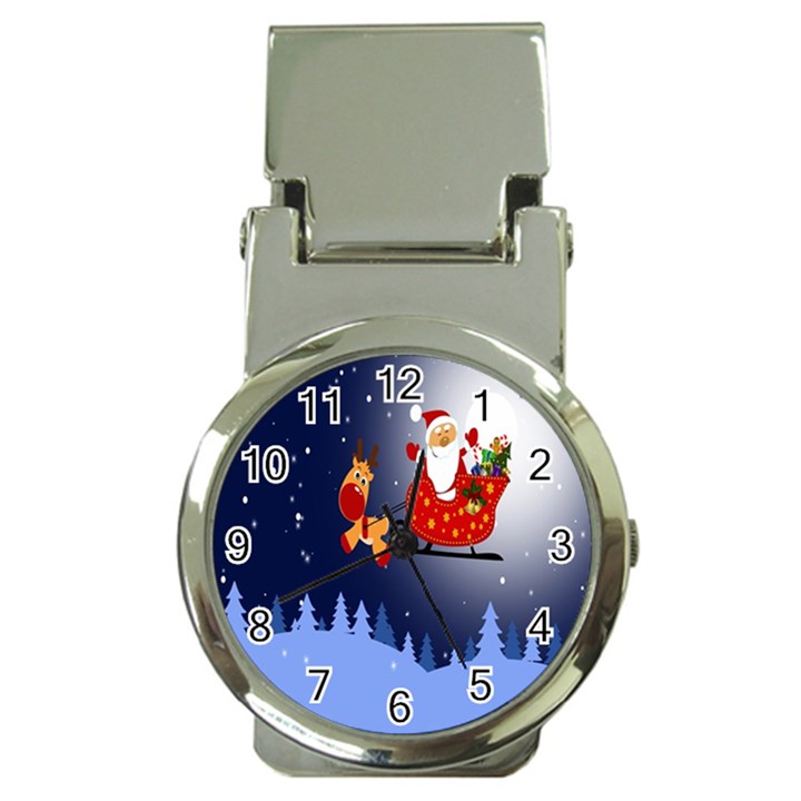 Deer Santa Claus Flying Trees Moon Night Merry Christmas Money Clip Watches