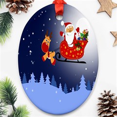 Deer Santa Claus Flying Trees Moon Night Merry Christmas Oval Ornament (two Sides)