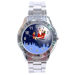 Deer Santa Claus Flying Trees Moon Night Merry Christmas Stainless Steel Analogue Watch by anzea