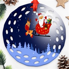 Deer Santa Claus Flying Trees Moon Night Merry Christmas Ornament (round Filigree) by anzea