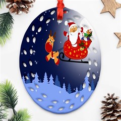 Deer Santa Claus Flying Trees Moon Night Merry Christmas Ornament (oval Filigree)