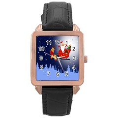 Deer Santa Claus Flying Trees Moon Night Merry Christmas Rose Gold Leather Watch  by anzea