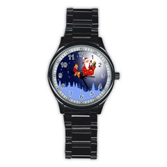 Deer Santa Claus Flying Trees Moon Night Merry Christmas Stainless Steel Round Watch by anzea