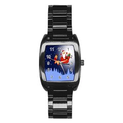 Deer Santa Claus Flying Trees Moon Night Merry Christmas Stainless Steel Barrel Watch by anzea