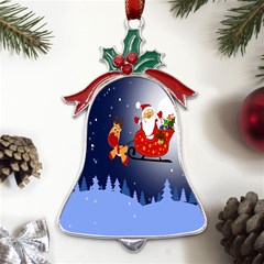 Deer Santa Claus Flying Trees Moon Night Merry Christmas Metal Holly Leaf Bell Ornament