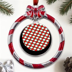 Christmas Star Red Green Metal Red Ribbon Round Ornament