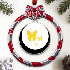 Yellow Butterfly Animals Fly Metal Red Ribbon Round Ornament by anzea