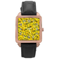 Caution Road Sign Cross Yellow Rose Gold Leather Watch 