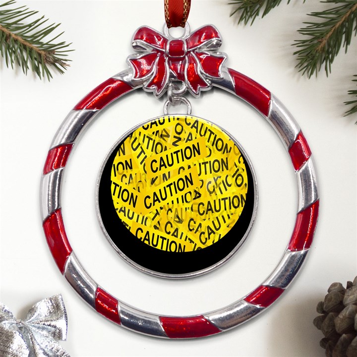 Caution Road Sign Cross Yellow Metal Red Ribbon Round Ornament