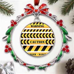 Caution Road Sign Warning Cross Danger Yellow Chevron Line Black Metal X mas Wreath Ribbon Ornament by anzea