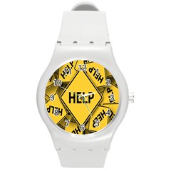 Caution Road Sign Help Cross Yellow Round Plastic Sport Watch (m)