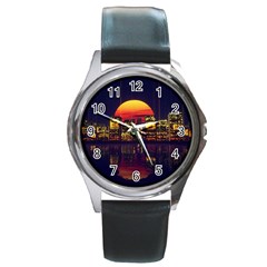 Abstract City Retro Sunset Night Round Metal Watch by Bedest