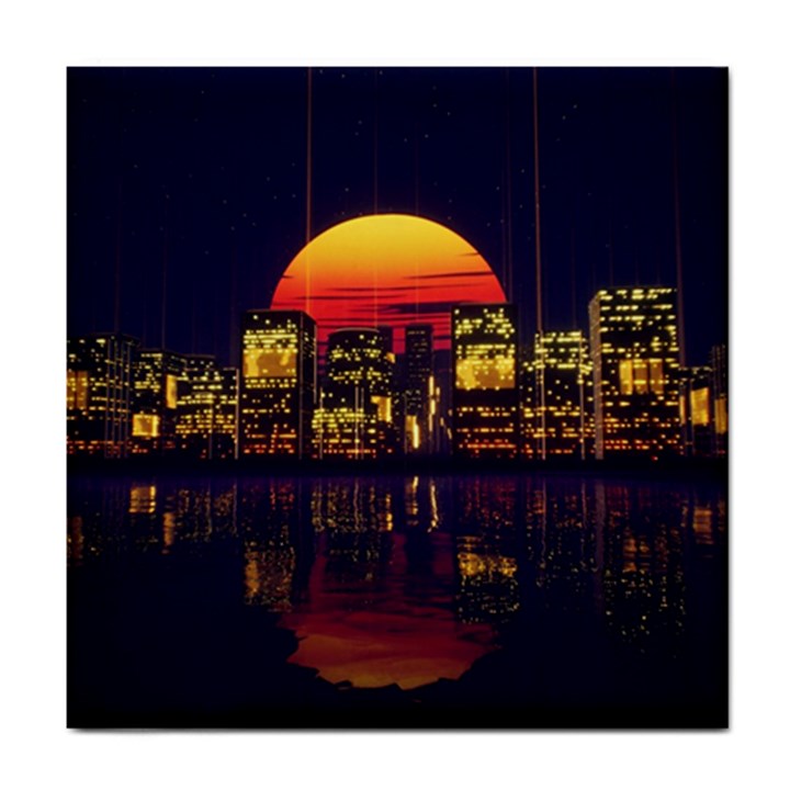 Abstract City Retro Sunset Night Tile Coaster