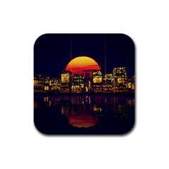 Abstract City Retro Sunset Night Rubber Square Coaster (4 Pack) by Bedest