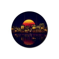 Abstract City Retro Sunset Night Rubber Coaster (round) by Bedest