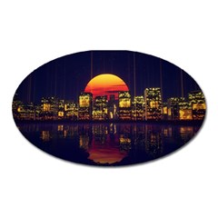 Abstract City Retro Sunset Night Oval Magnet by Bedest