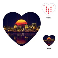 Abstract City Retro Sunset Night Playing Cards Single Design (heart)