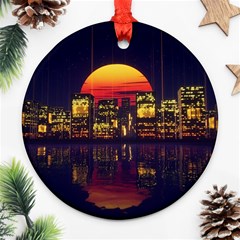 Abstract City Retro Sunset Night Round Ornament (two Sides)