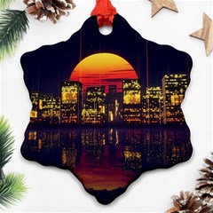 Abstract City Retro Sunset Night Snowflake Ornament (two Sides) by Bedest