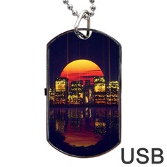 Abstract City Retro Sunset Night Dog Tag Usb Flash (two Sides) by Bedest