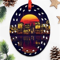 Abstract City Retro Sunset Night Ornament (oval Filigree)